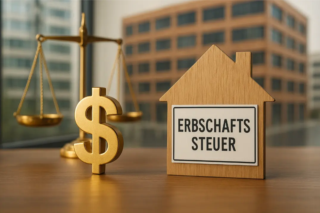 Symbolbild Zur Erbschaftsteuer Bei Gewerbeimmobilien Mit Waage, Dollarzeichen Und Hausform