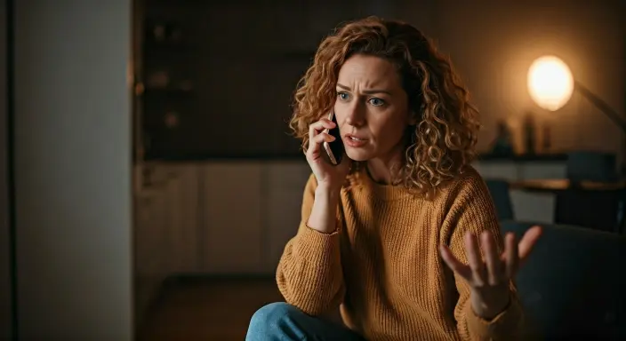Verärgerte junge Frau telefoniert in ihrer Wohnung, hebt fragend die Hand, weil die Hausverwaltung nicht antwortet.