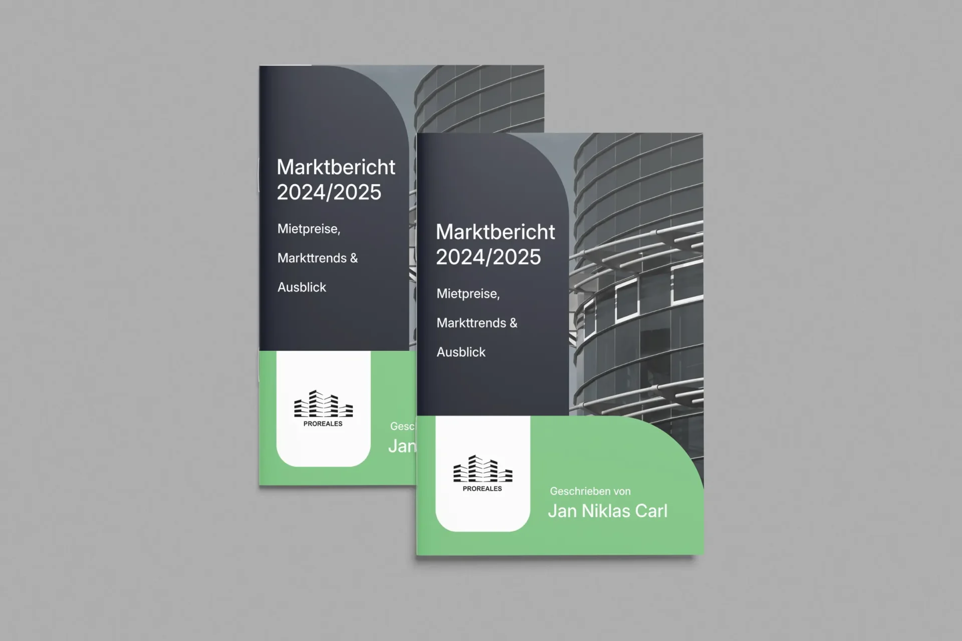Zwei professionelle Marktberichte mit dem Titel „Marktbericht 2024/2025 – Mietpreise, Markttrends & Ausblick“ mit Fokus auf Gewerbeimmobilien, dargestellt auf einem neutralen Hintergrund.