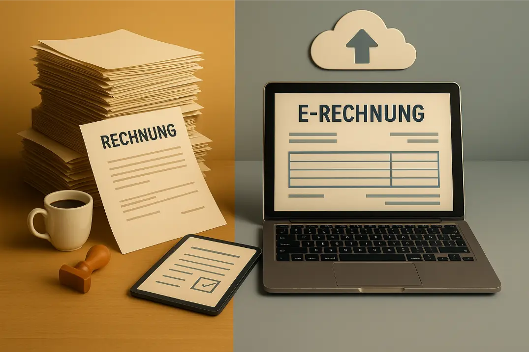 Vergleich Papierrechnung Und E-Rechnung: Klassische Rechnung Links, Digitale E-Rechnung Rechts Auf Laptopbildschirm