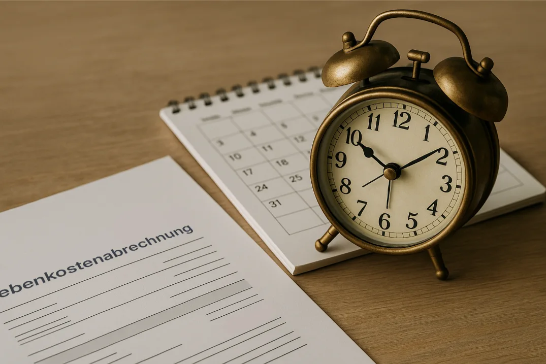 Nahaufnahme eines Weckers neben einem Kalender und einem Formular zur Nebenkostenabrechnung auf einem Holztisch.