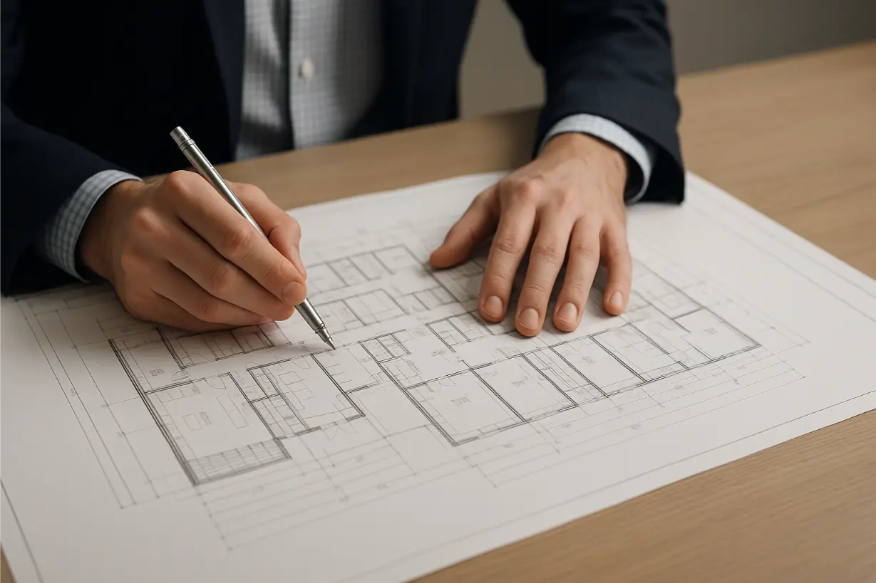 Architektenhände arbeiten an detaillierten Bauplänen auf einem Holztisch, mit silbernem Stift und präzisen Linienzeichnungen.